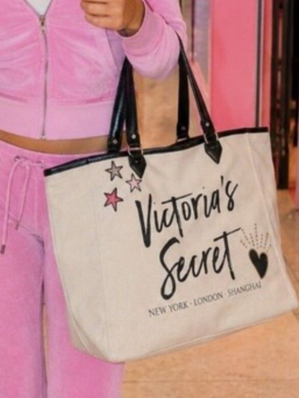Victoriaโs Secret Canvas Tote Bag Black Handles Stars Heart Logo Oversized Shopp
